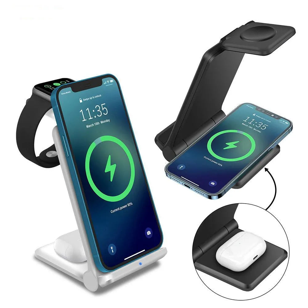 Foldable 3-in-1 wireless charging station dock for phone, Apple Watch and AirPods in black and white.
