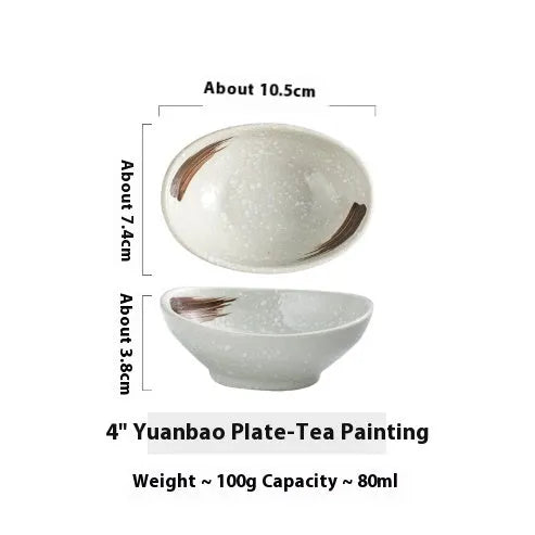 Oval Japanese ceramic sauce dipping bowl with traditional Edo pattern design