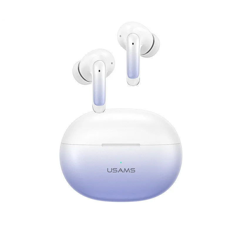 Wireless sports gaming Bluetooth headset in gradient colours showing compact design with in-ear fit