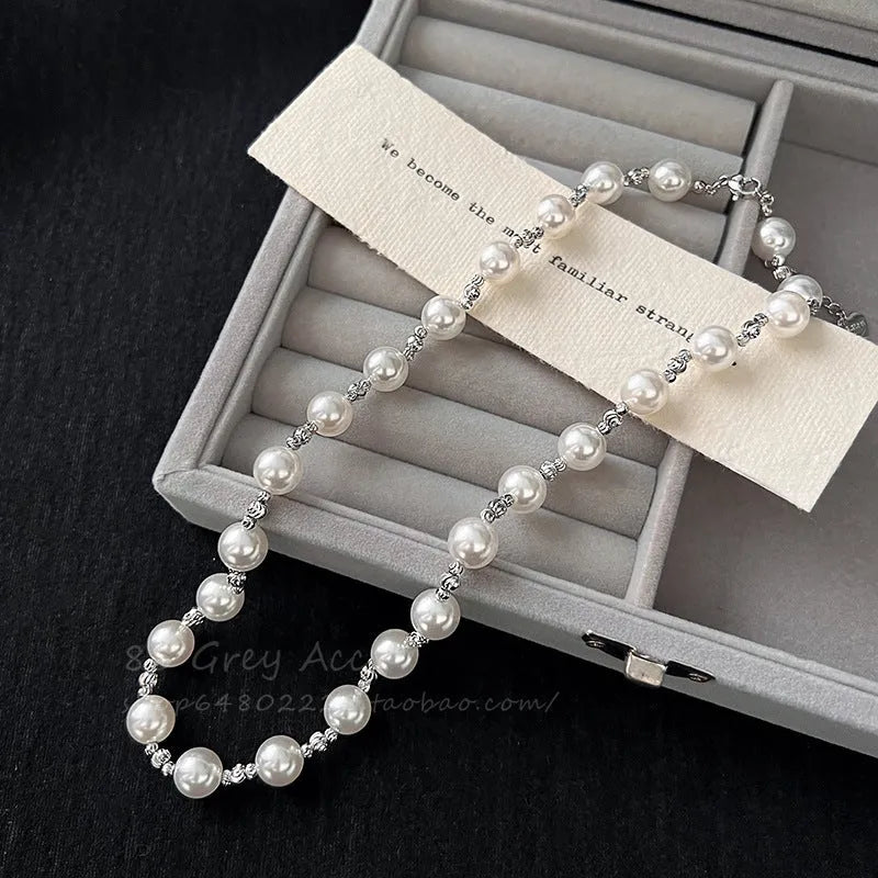 Women's 10mm pearl necklace with Mother Pearl shellfish geometric pendant on 45cm chain