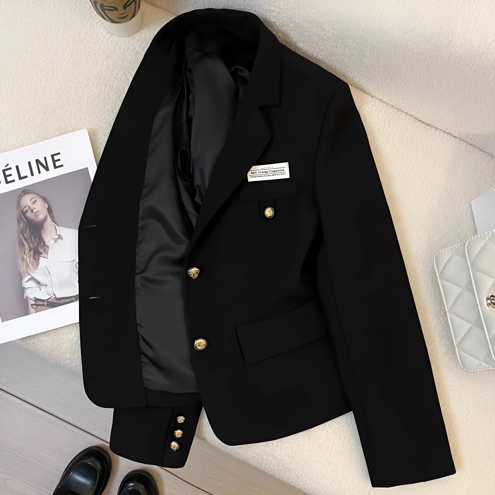 Women's black loose fit short suit coat with pockets and long sleeves