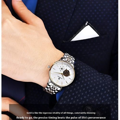 Men's automatic mechanical business watch with leather strap and stainless steel case