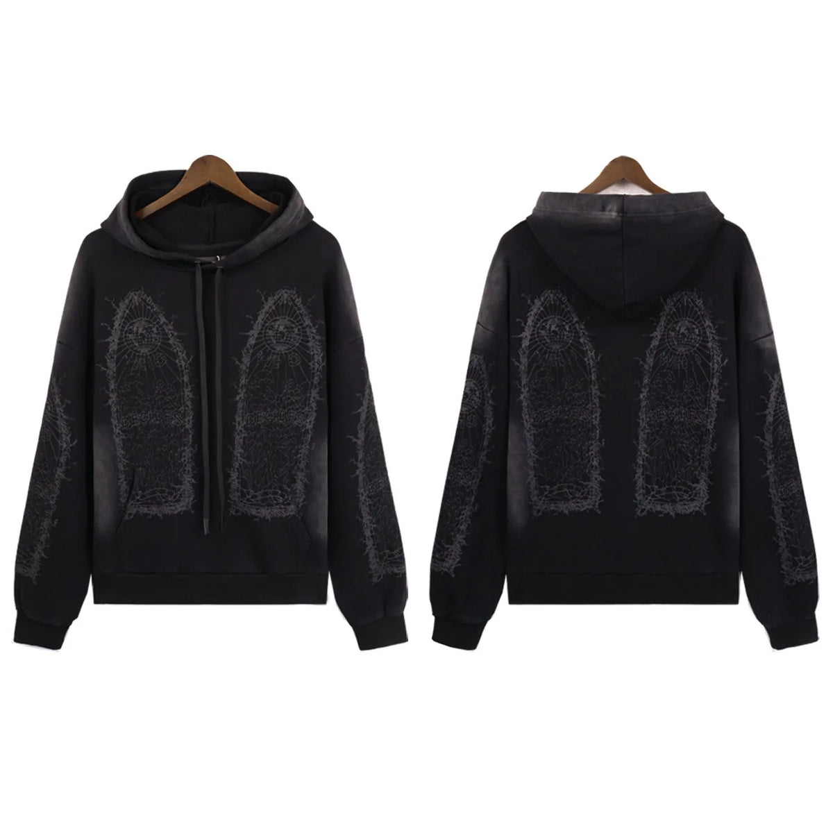 Men's washed distressed cotton terry pullover sweatshirt with heavy-duty classic print, loose fit, black colour