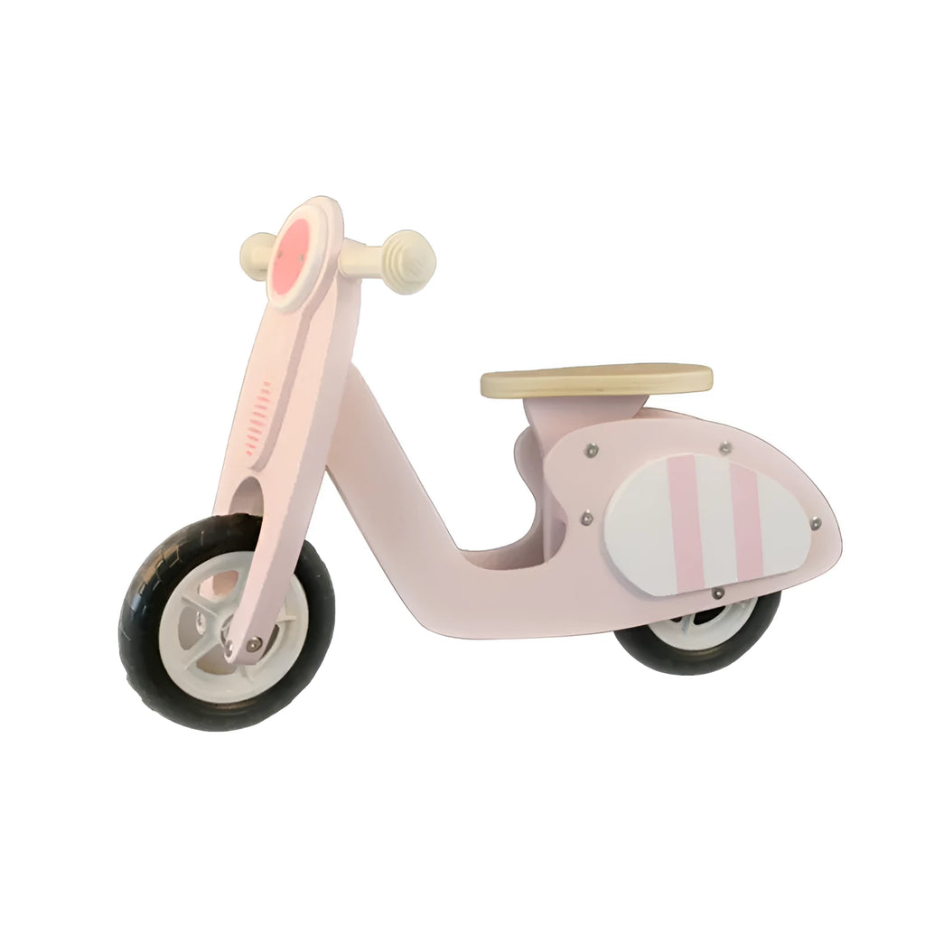Pink wooden balance scooter for toddlers aged 1 to 6 years.