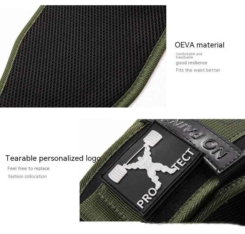 Men's fitness lumbar support belt in army green for weight training and gym workouts.