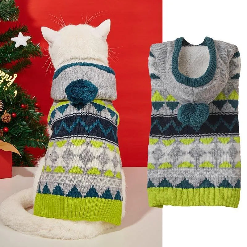 Blue diamond pattern acrylic pet sweater on a dog, showing classic knit design.