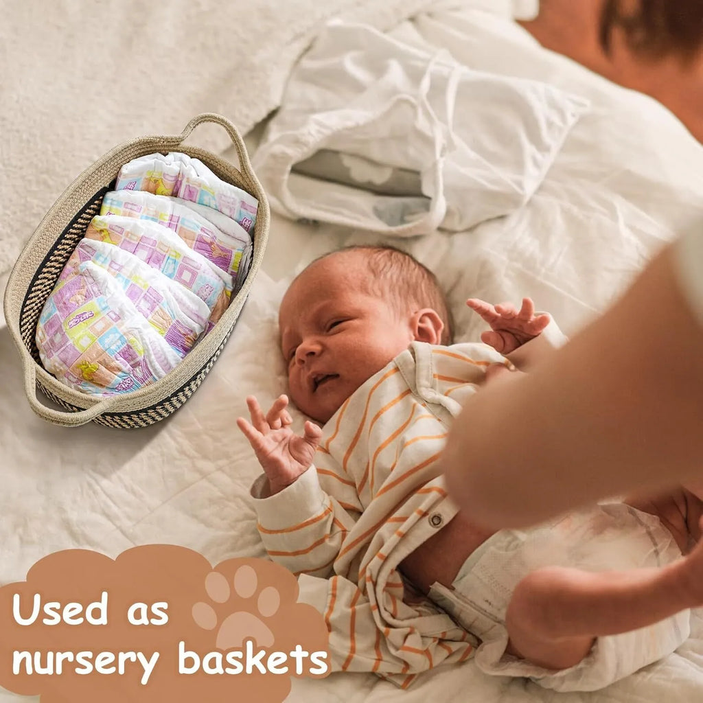 Light beige handmade cotton rope storage basket with wooden handles