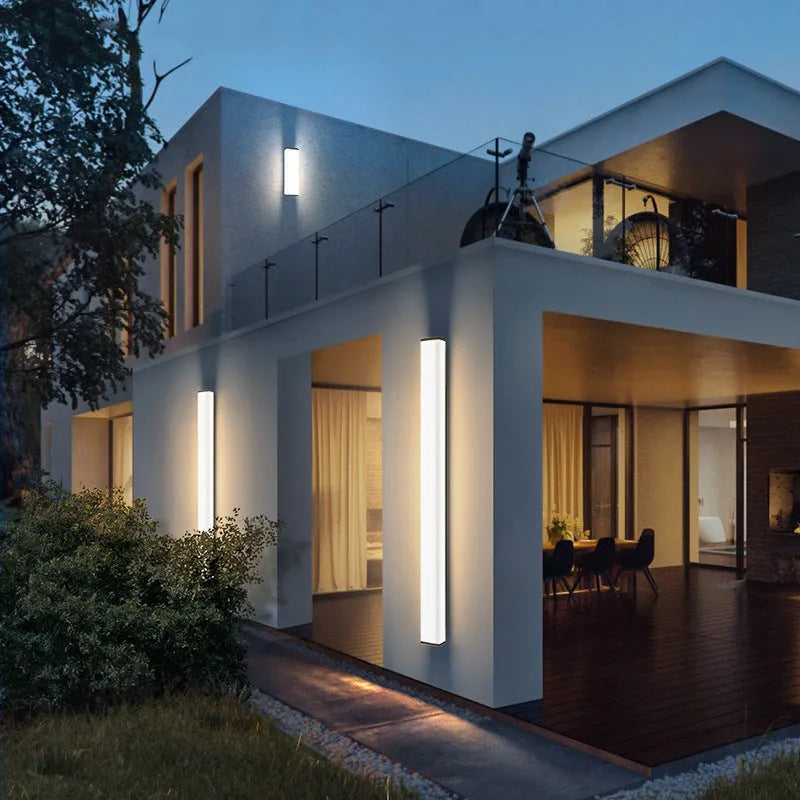 Long strip outdoor wall light with waterproof design mounted on exterior wall