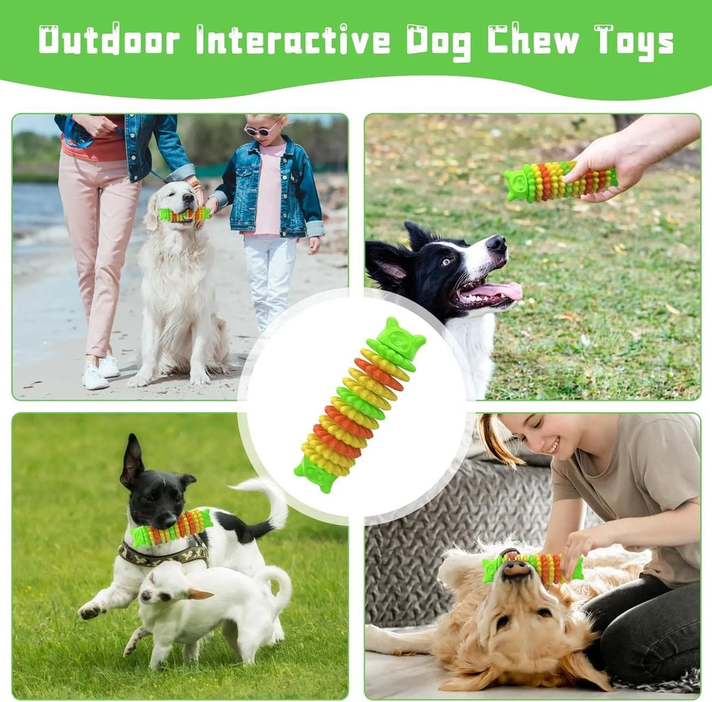 Blue rubber caterpillar-shaped chew toy for dogs on a plain background.