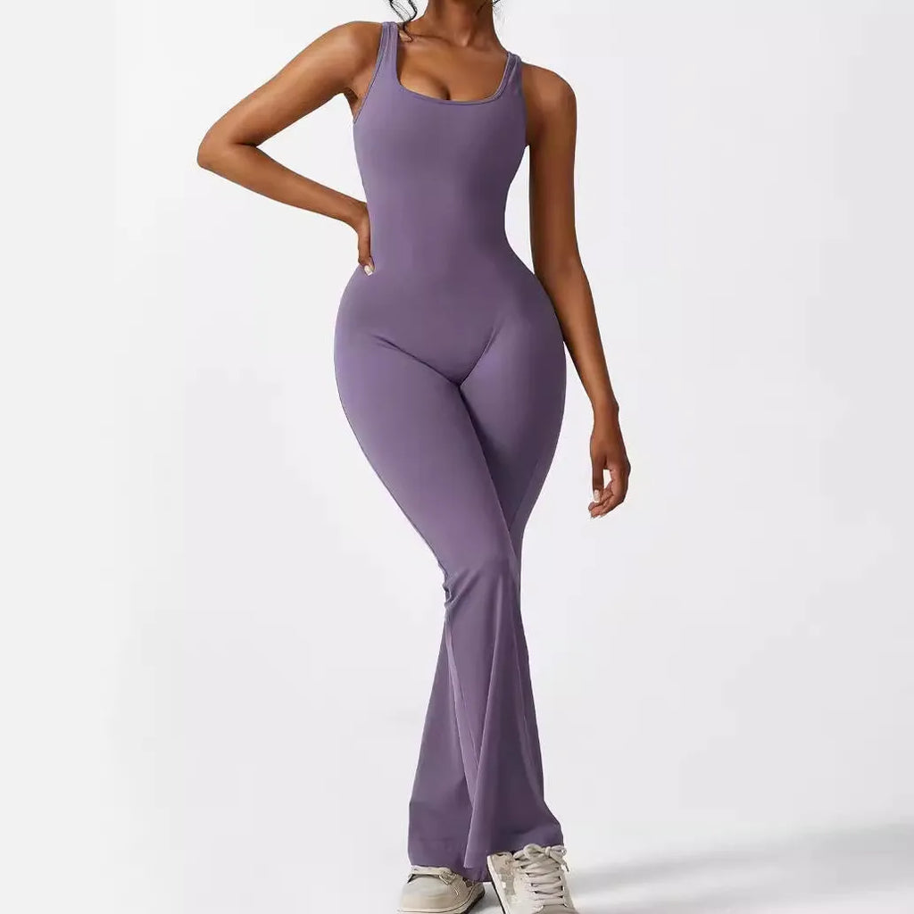 Women's sleeveless flare jumpsuit for yoga and fitness in high-elasticity polyester, shown in various colours.