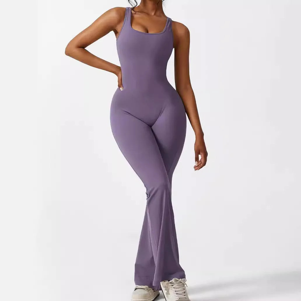 Women's sleeveless flare jumpsuit for yoga and fitness in high-elasticity polyester, shown in various colours.