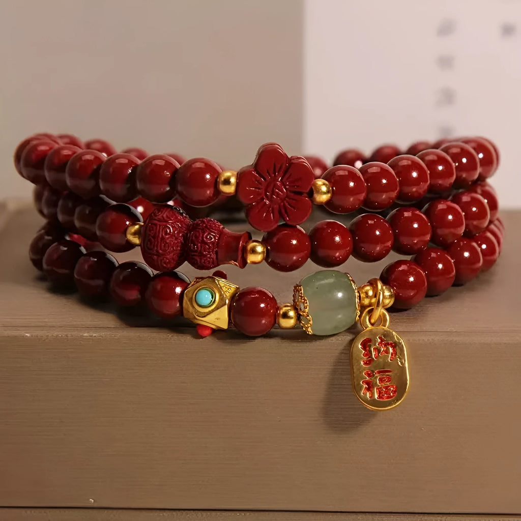6mm cinnabar bracelet with multi-circle gourd and five petal flower design, polished Chinese-style women's jewellery
