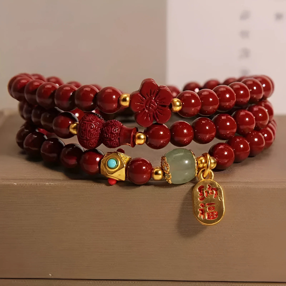 6mm cinnabar bracelet with multi-circle gourd and five petal flower design, polished Chinese-style women's jewellery
