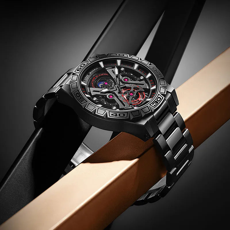 Men's black stainless steel multifunction quartz watch with luminous rotating dial and 13mm thick case