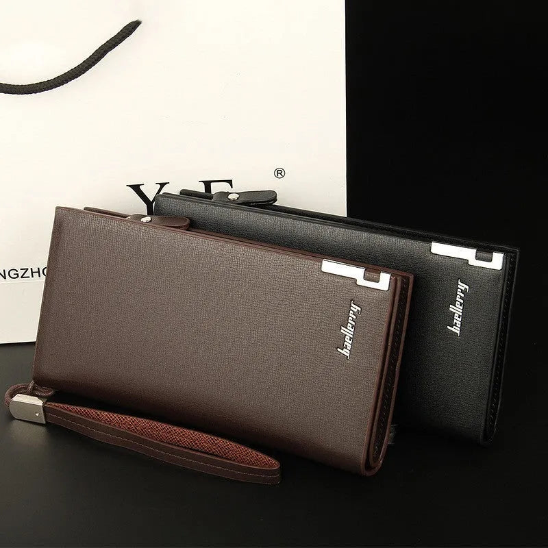 Men's black PU leather zipper wallet with multifunctional compartments and waterproof construction