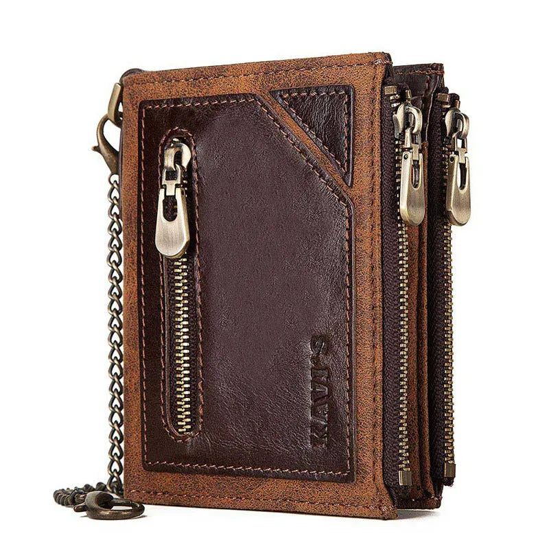Dark brown men's leather wallet with RFID anti-theft protection and decorative chain