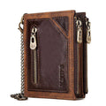 Dark brown men's leather wallet with RFID anti-theft protection and decorative chain