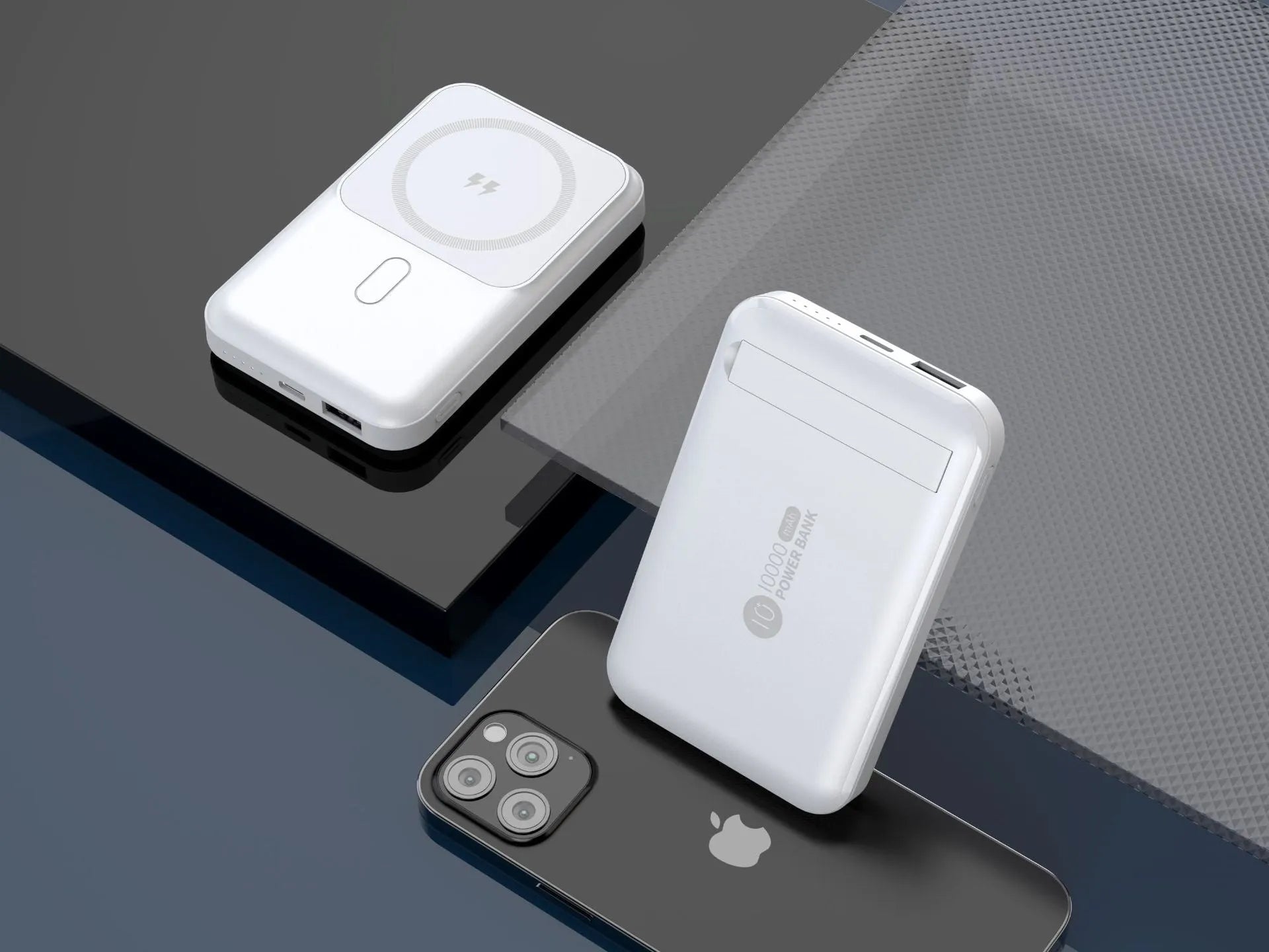 Magnetic wireless charging power bank with folding stand unfolded, shown in navy blue colour.