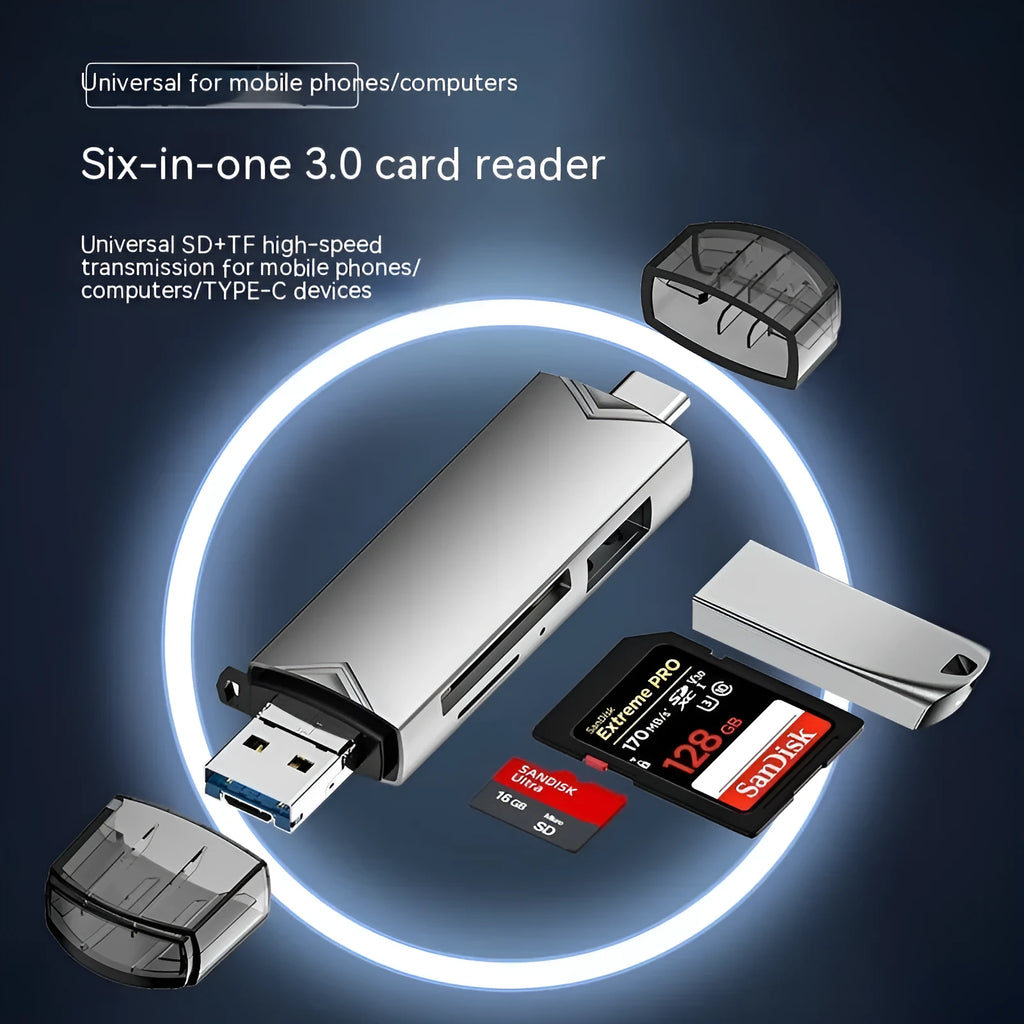 USB30 multi-functional card reader in silver aluminium alloy with SD and TF slots