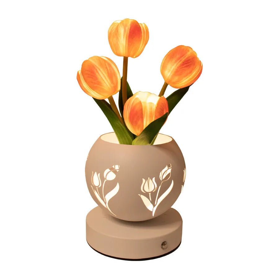 Tulip small night lamp LED projection decoration with iron hollow flowerpot and touch dimming