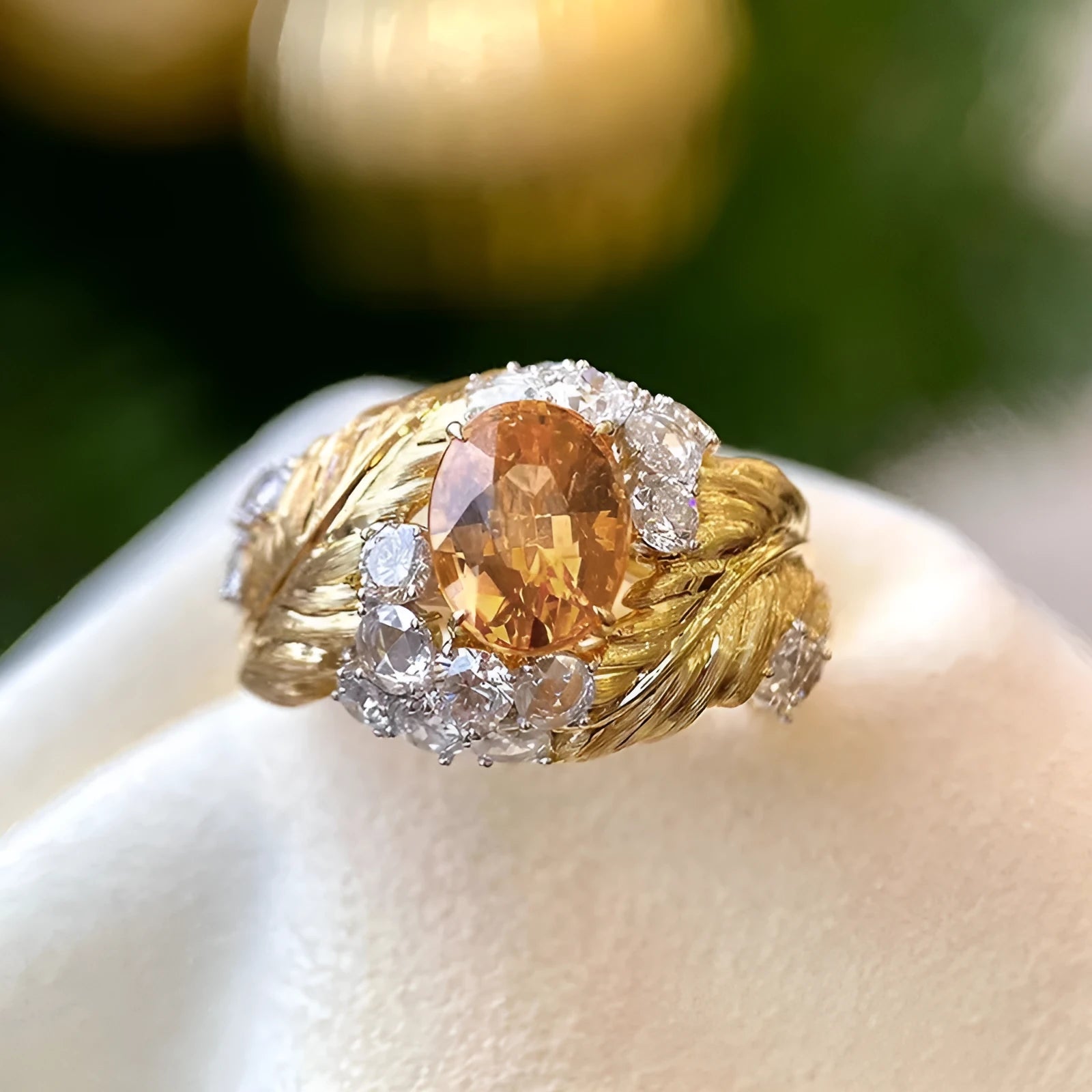 Gold-toned copper women's ring with an embossed feather design and a central yellow zircon stone.