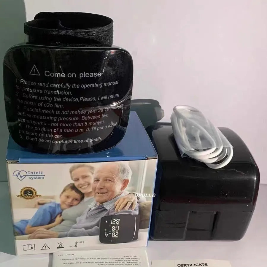 Black rechargeable wrist blood pressure monitor with digital display and wrist cuff.