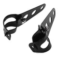 Pair of black iron motorcycle headlamp support brackets shown from the side