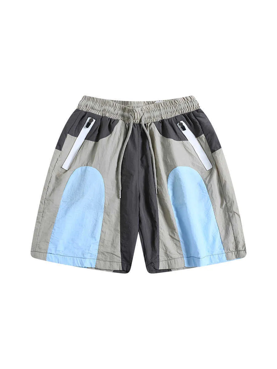 Blue patchwork quick-drying outdoor sports shorts with straight-leg loose fit design