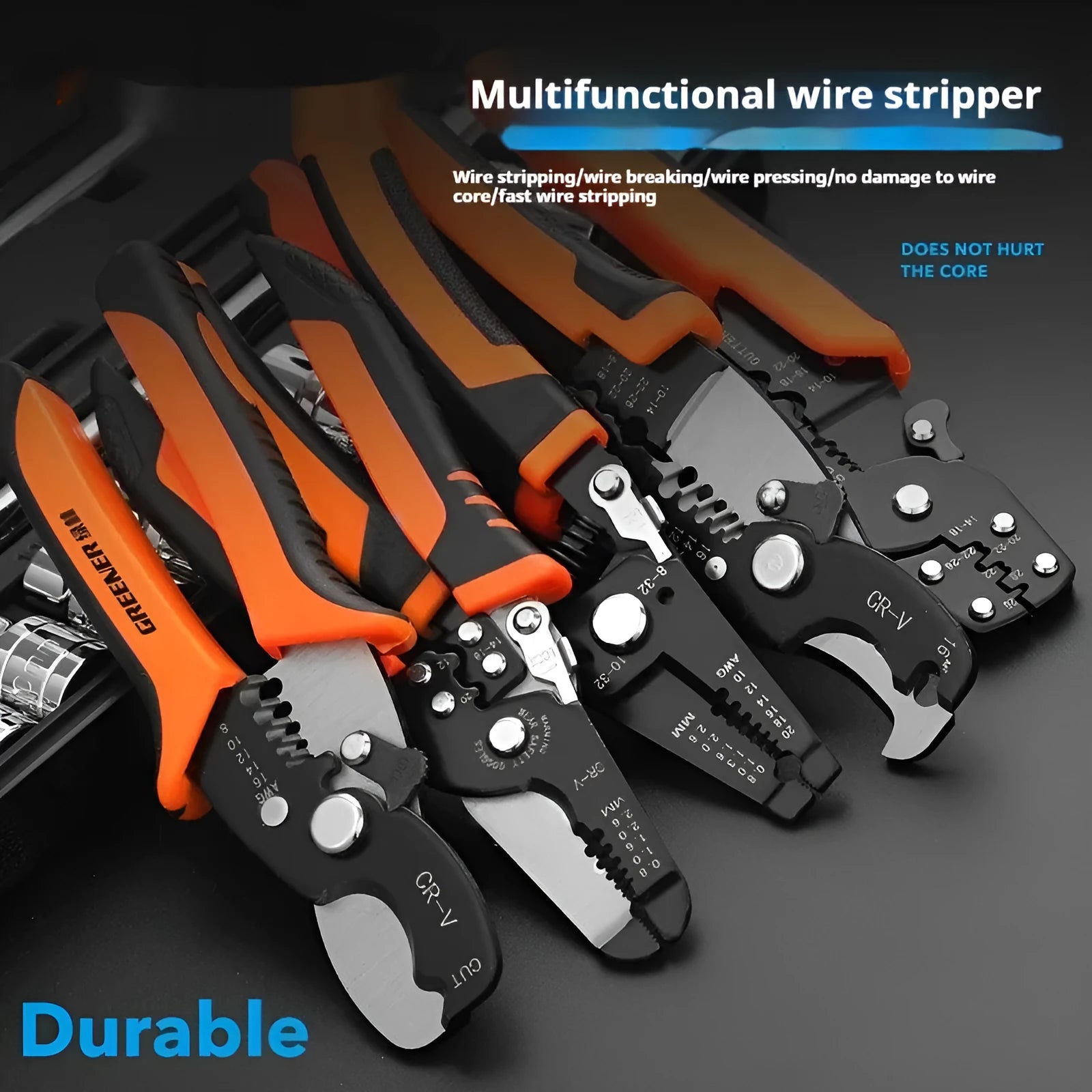 Fully automatic wire stripping pliers tool with a metal body on a white background.