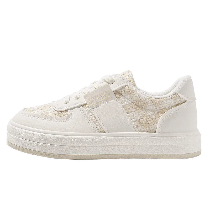 Beige plaid platform leisure sports shoes with lace-up front and rubber sole.