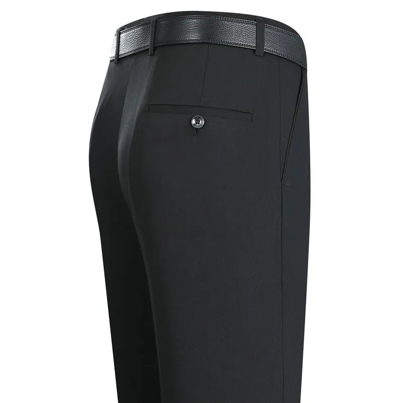 Men's mulberry silk blend straight cut business trousers in black with high waist design