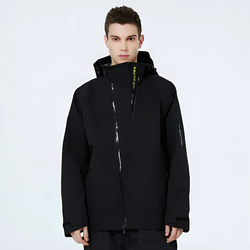 Unisex windproof waterproof ski suit in yellow, black, grey, or liner, sizes XS to XL.