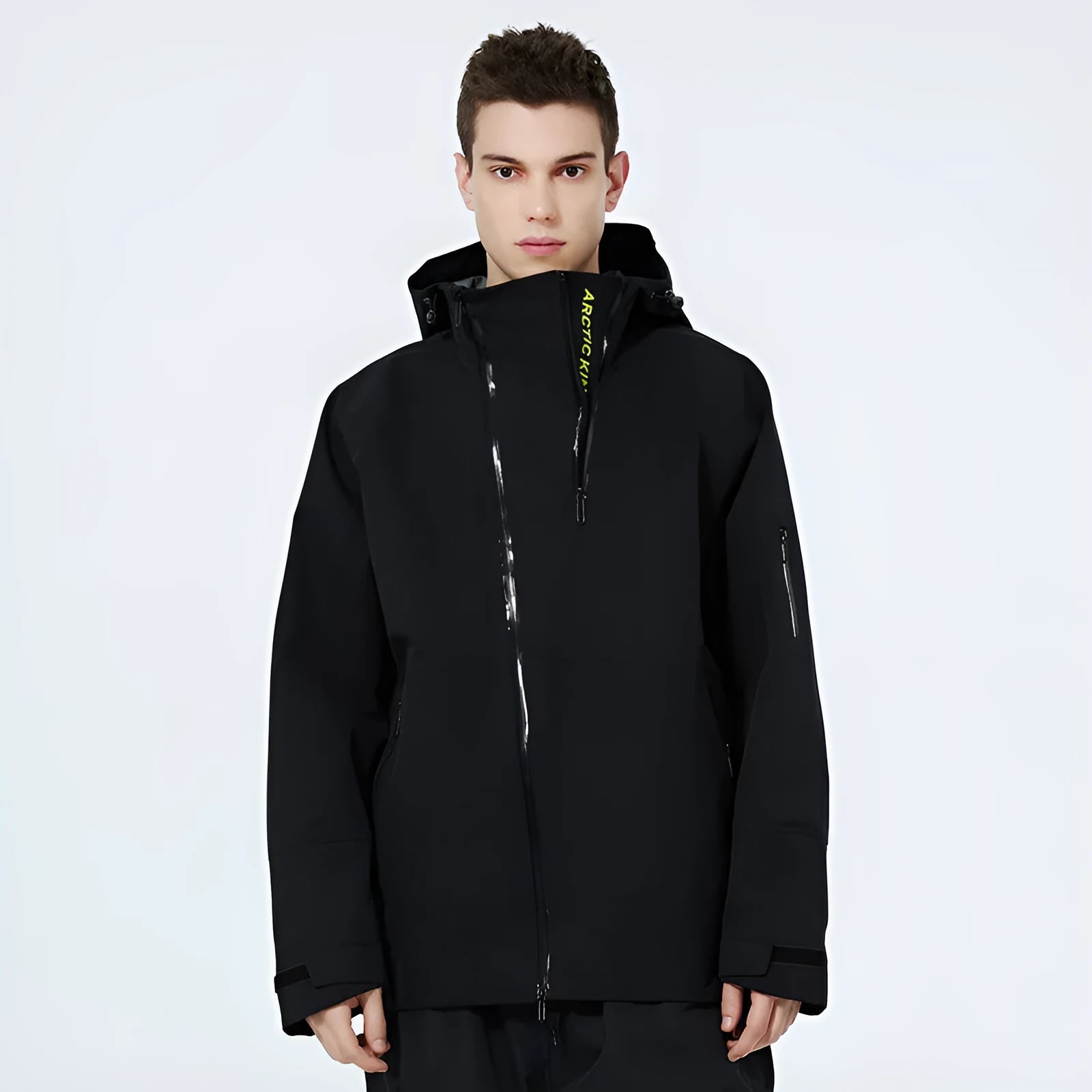 Unisex windproof waterproof ski suit in yellow, black, grey, or liner, sizes XS to XL.