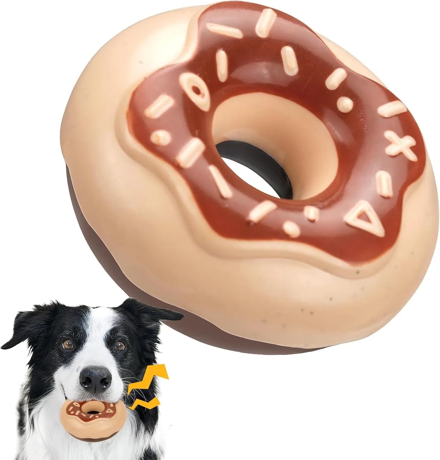 TPR donut dog toy in coffee colour with embossed surface for teeth grinding and hidden squeaker