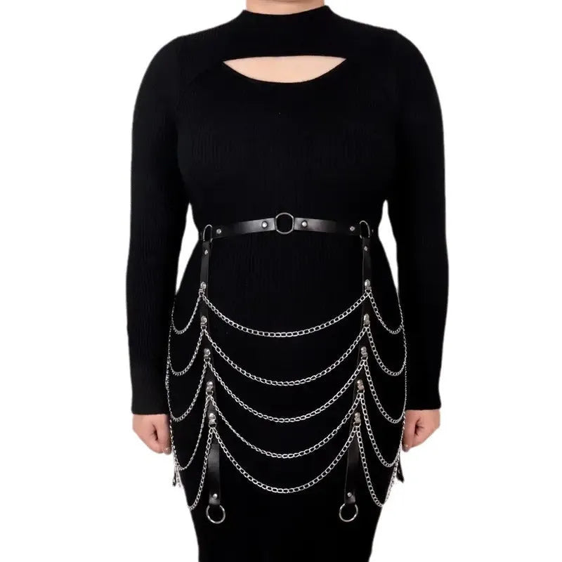 Black PU leather waist chain ornament with adjustable 110cm length draped for waist styling
