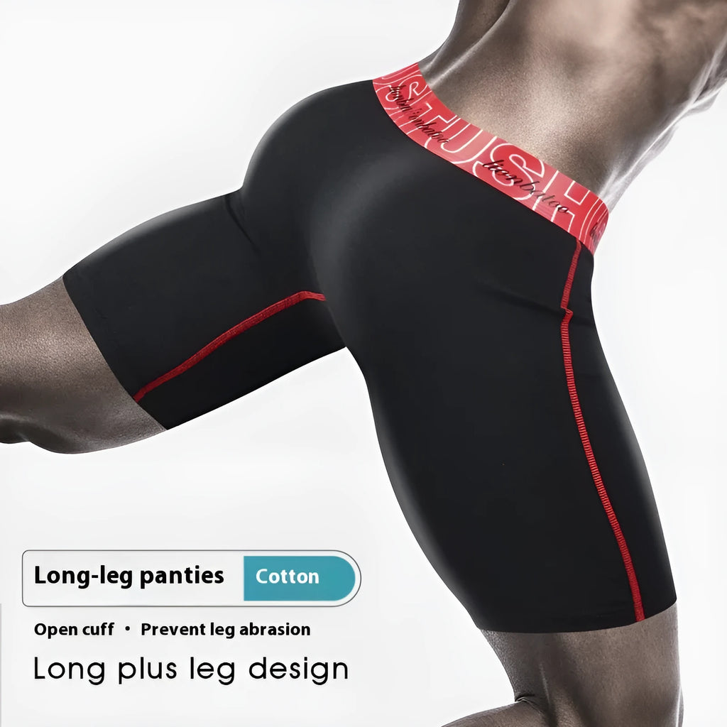 Men's cotton extended leg anti-friction boxers in black, front view