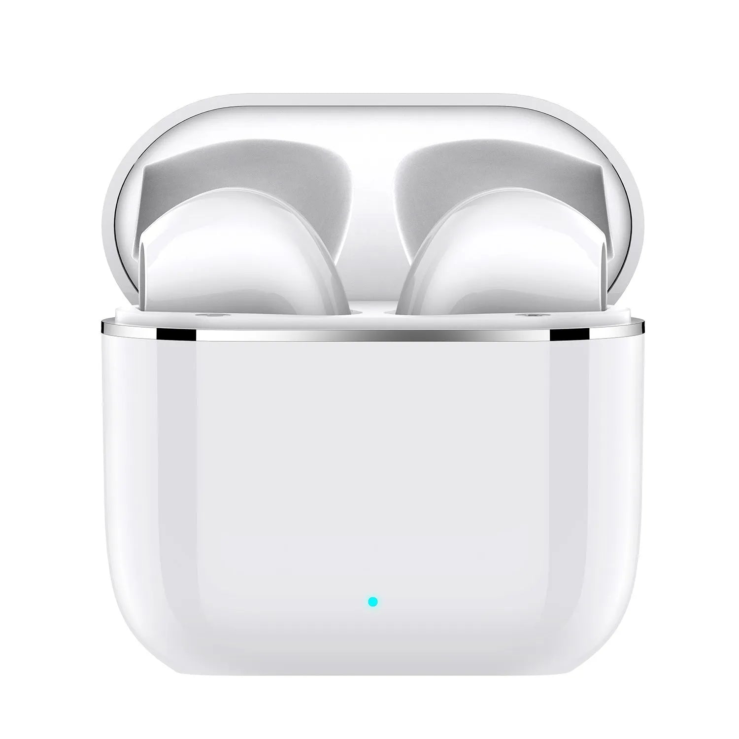 Wireless half in-ear Bluetooth headset in white with plastic build and compact charging case