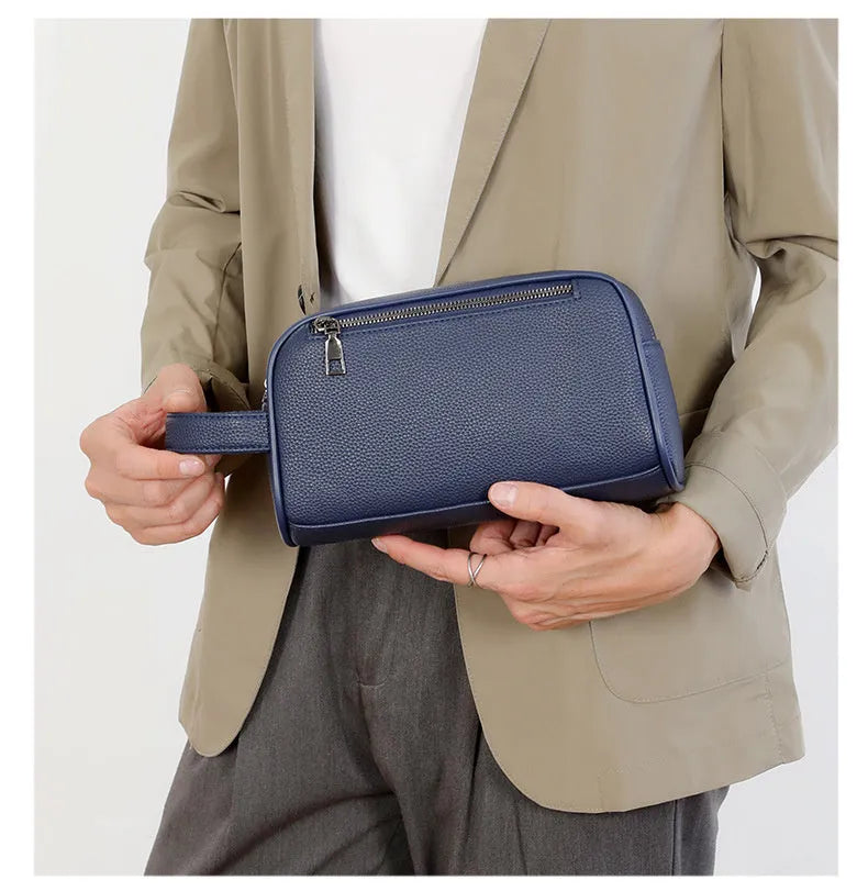 Men's business clutch bag in soft PU leather, large capacity, wear-resistant, available in black, dark blue and brown