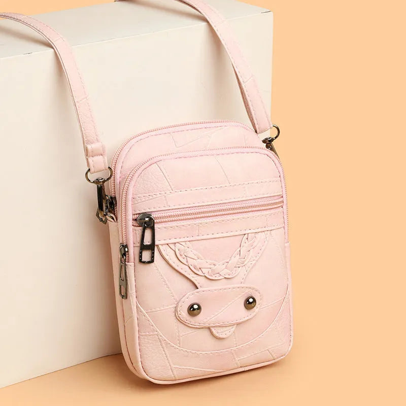 Soft PU leather retro mobile phone bag with weaving, rivets, and splicing in brown, black, pink, or water blue