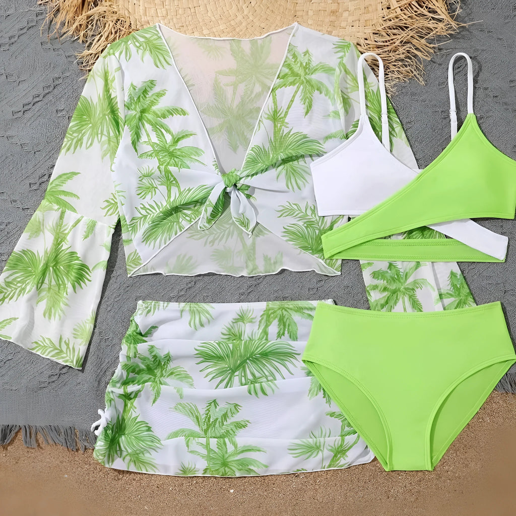 Children's 4-piece high waist bikini swimsuit set with striped floral pattern, polyester fabric, sizes 130-160