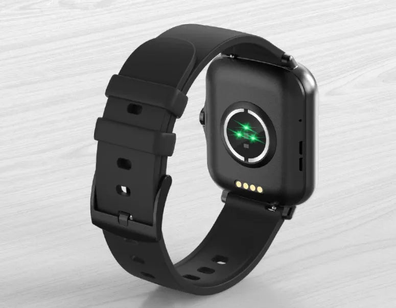 Smart sports watch with blue strap and 1.7-inch colour touch screen displaying time and heart rate.