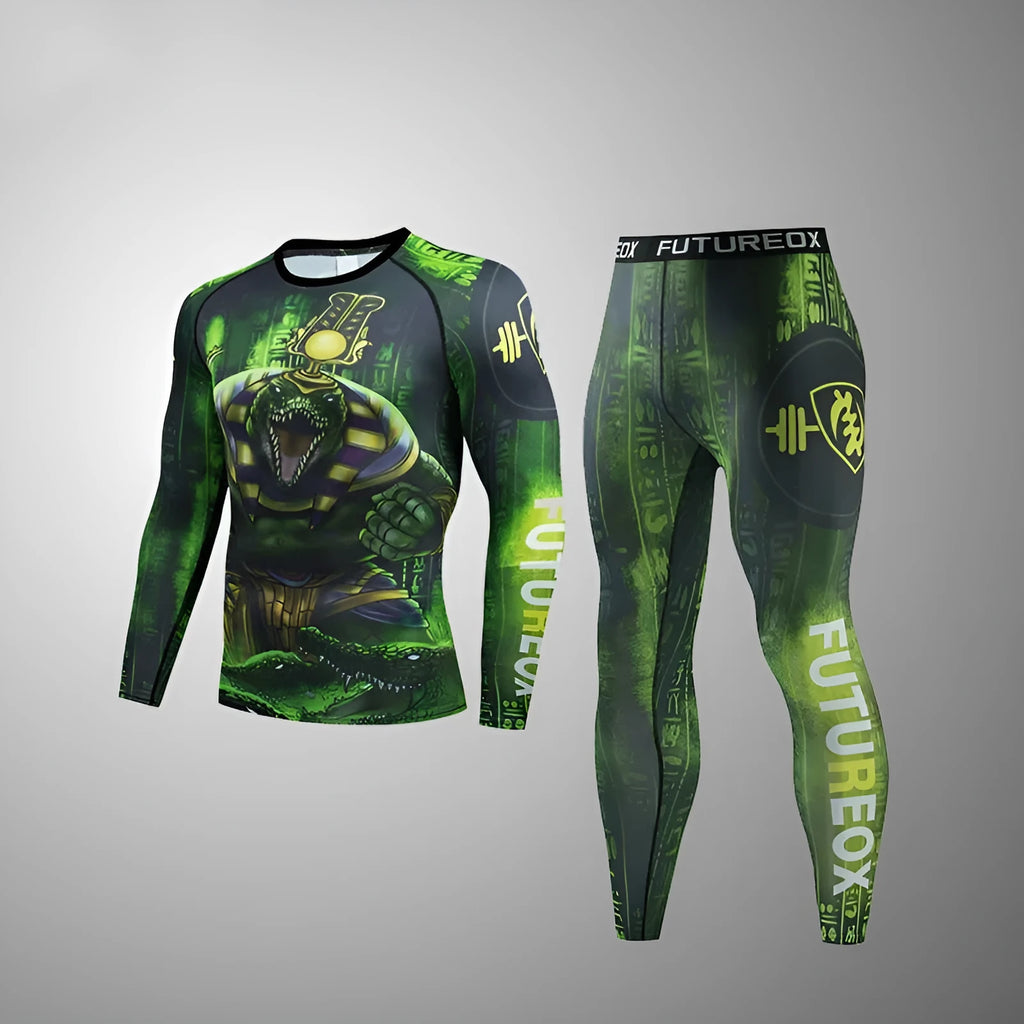 Men's slim-fit ZF016 style athletic suit with printed pattern, featuring a long sleeve top and trousers for sports.