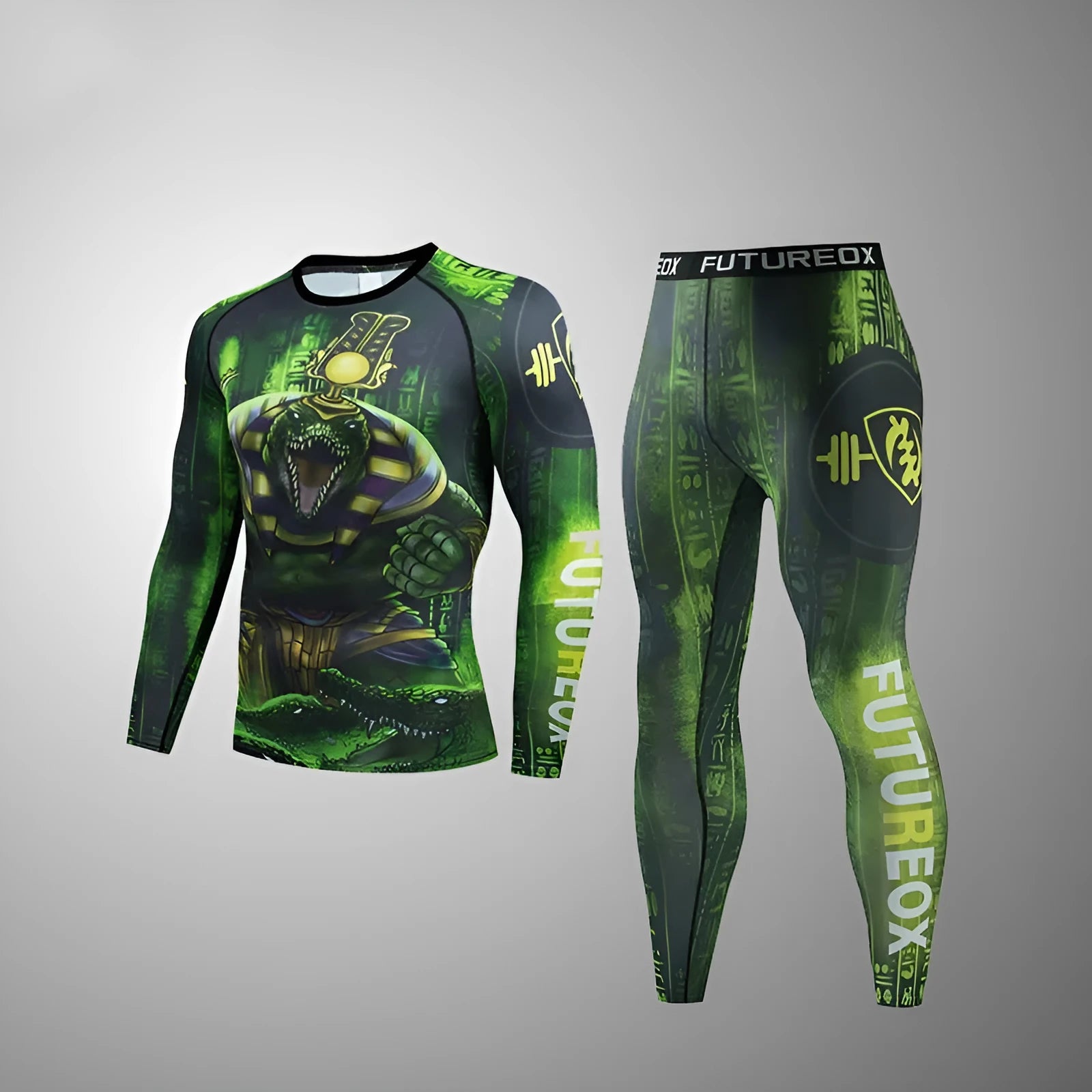 Men's slim-fit ZF016 style athletic suit with printed pattern, featuring a long sleeve top and trousers for sports.