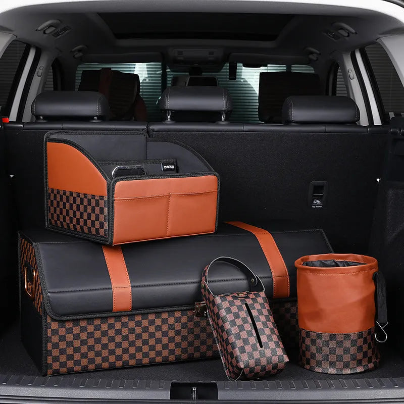 Leather folding car interior trash can shown in single colour option with handle