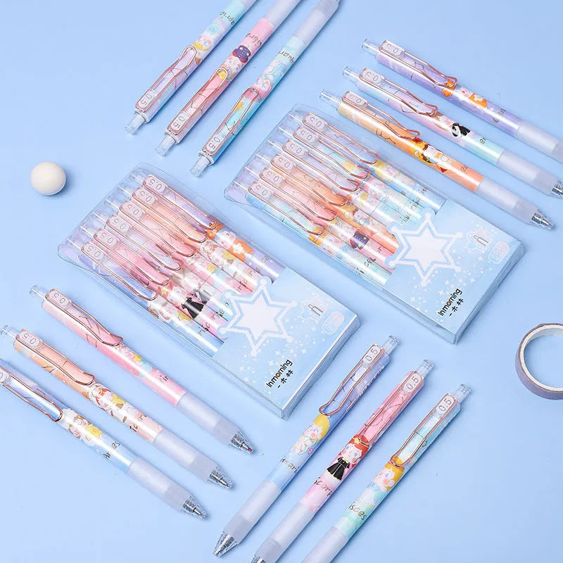 Set of six press gel pens with 0.5mm tips featuring cartoon constellation designs in two style options.