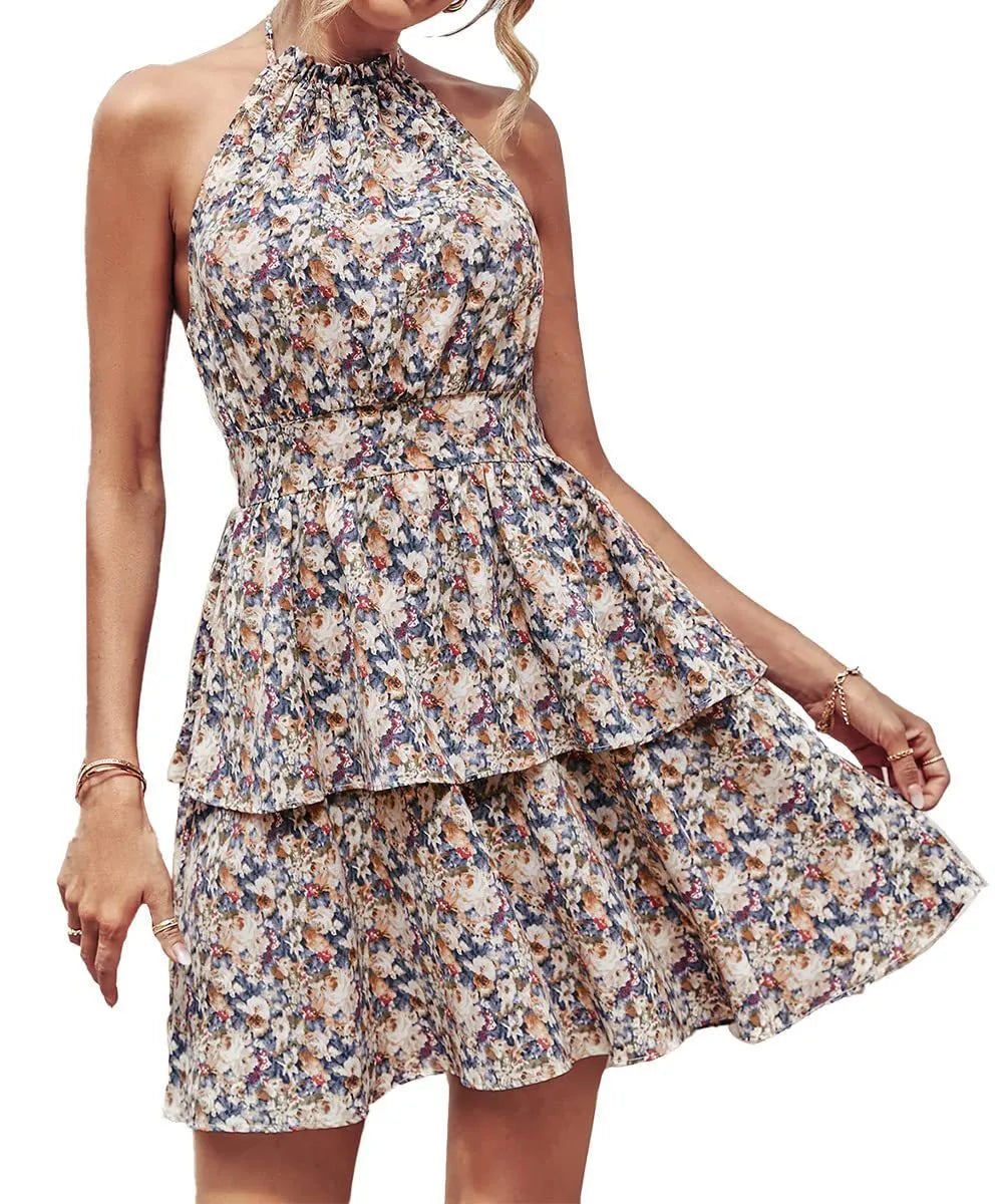 Women's backless halter dress with ruffled A-line silhouette in polyester summer fabric
