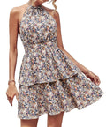 Women's backless halter dress with ruffled A-line silhouette in polyester summer fabric