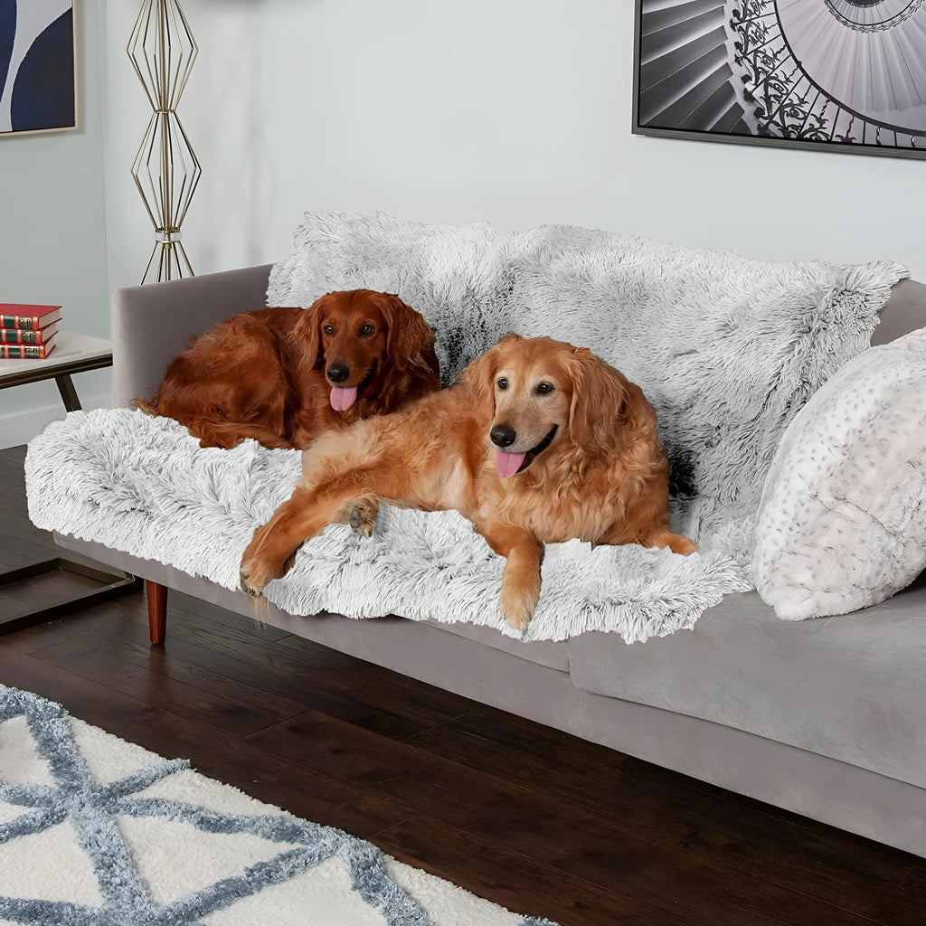 A dark grey plush waterproof dog cushion with a double-layer thickened design, shown in a Large size.