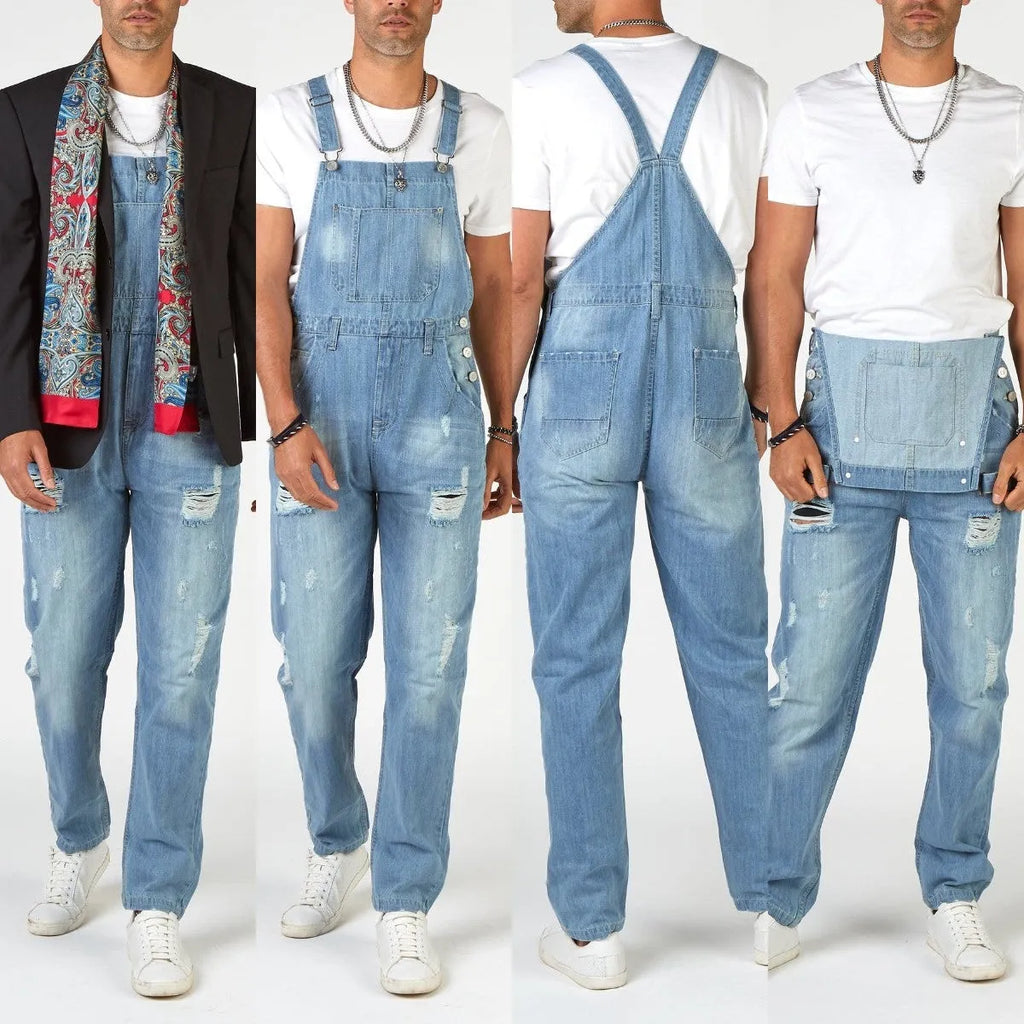 Men's light blue denim suspender pants with high waist and straight leg retro styling