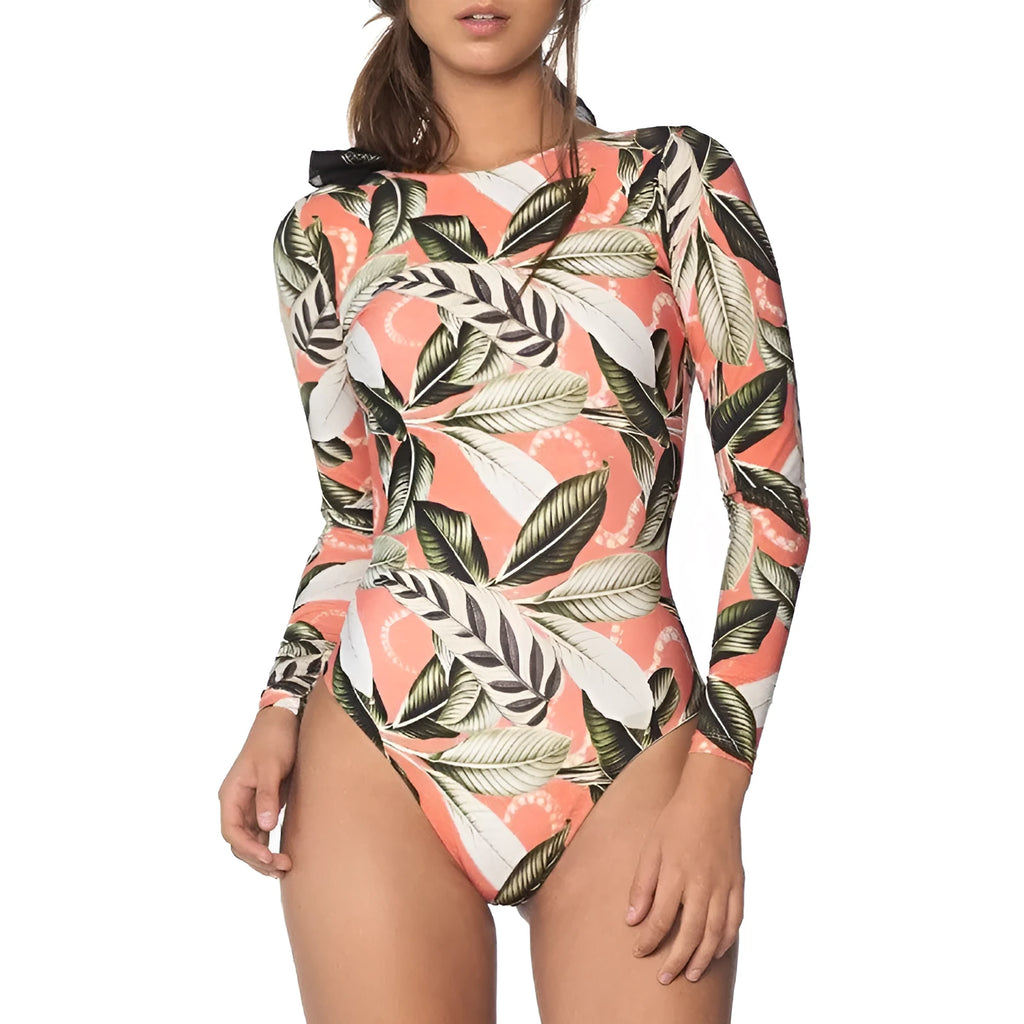 Women's leaf print backless one-piece swimsuit in polyester fabric for swimming sports